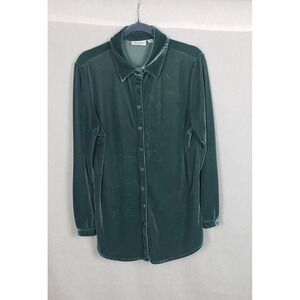 D&CO Essentials Womens Green Velvet Button Down Shirt M Christmas Holiday Party